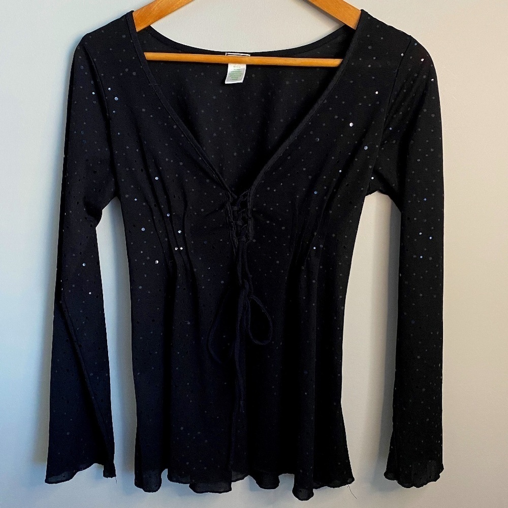 GUESS Women's Black Sequin Laced Tie-up V-neck Semi-Sheer Top Size Large‎